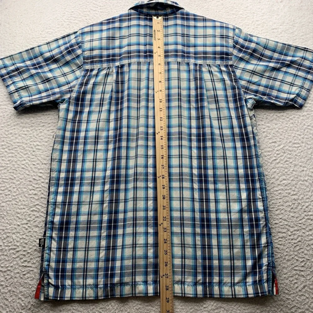 The North Face Button Up Shirt Mens Small Blue White Plaid Tencel Hiking Camping